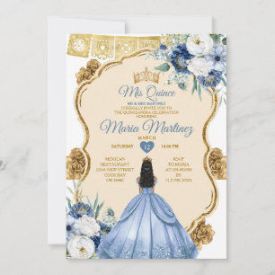Invitación Elegante Princesa Mexicana Dusty Azul Quinceañera