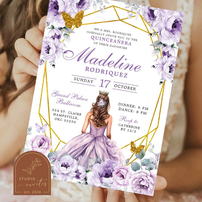 Invitación Elegante princesa mexicana morada dorada Quinceane (Subido por el creador)