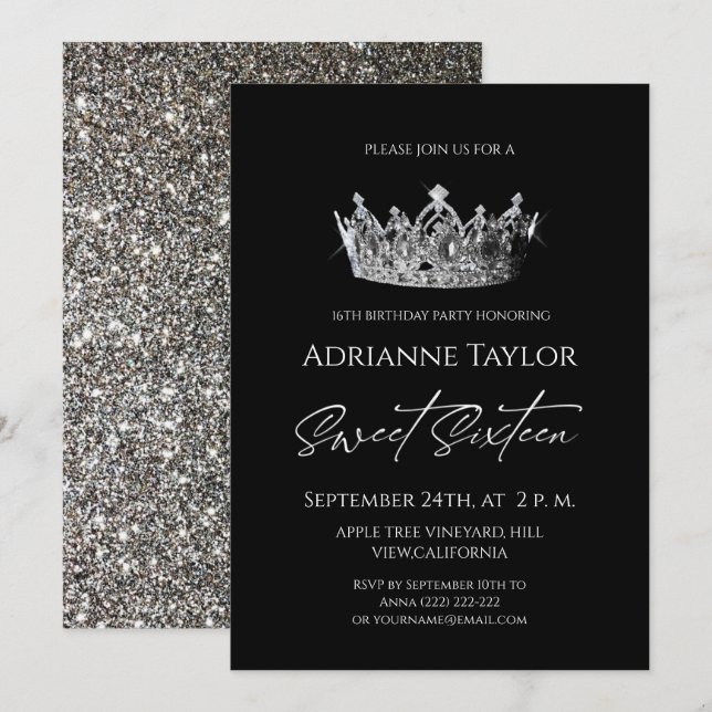 Invitación Elegante Princesa Negra Blanca Dulces 16  (Anverso / Reverso)