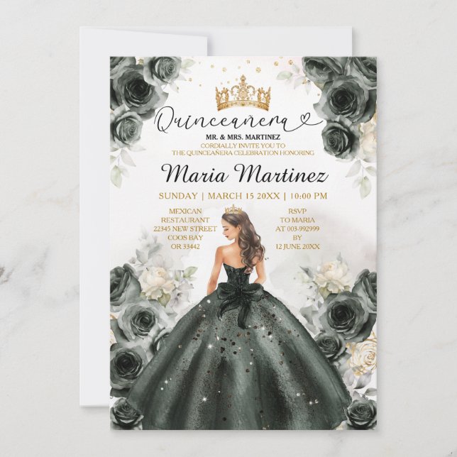 Invitación Elegante Princesa Negra Vestido Floral Quiñceanera (Anverso)