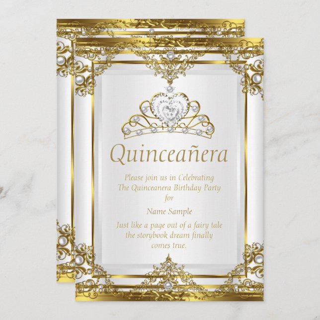 Invitación Elegante Princesa Perla Blanca de Oro Quinceanera (Anverso / Reverso)
