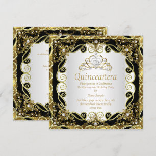 Invitación Elegante Princesa Perla de Oro Negro Quinceanera