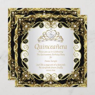 Invitación Elegante Princesa Perla de Oro Negro Quinceanera