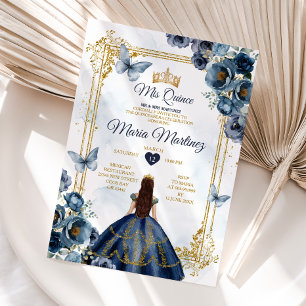 Invitación Elegante Princesa Quiñceanera Azul Y Oro De La Mar