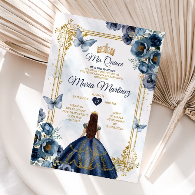 Invitación Elegante Princesa Quiñceanera Azul Y Oro De La Mar (Subido por el creador)