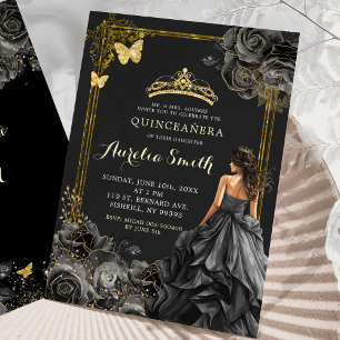 Invitación Elegante princesa Quinceañera de Rosas de oro y ne