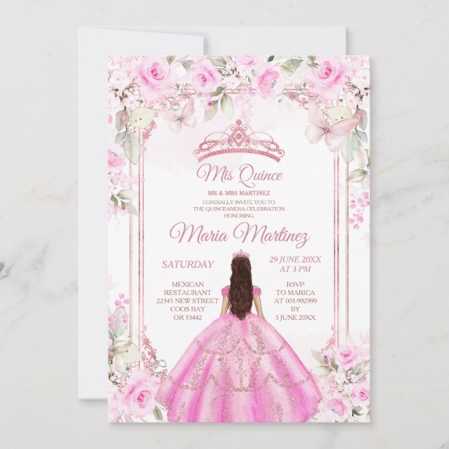 Invitación Elegante Princesa Quiñceanera floral rosa (Anverso)