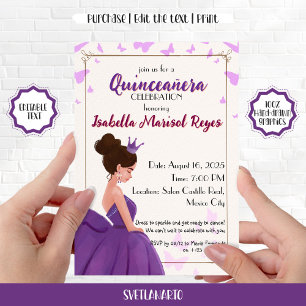 Invitación Elegante Princesa Quinceañera Lila