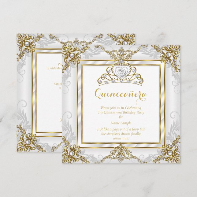 Invitación Elegante Princesa Quinceanera Perla Blanca Oro (Anverso / Reverso)