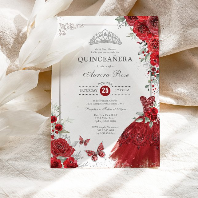 Invitación Elegante Princesa Quinceañera Roses Roses Rojos Pl (Subido por el creador)