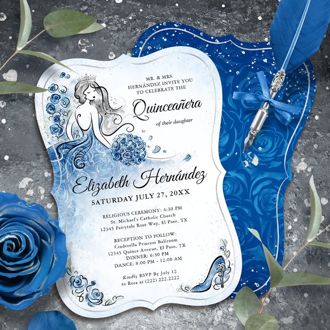 Invitación Elegante Princesa Real de Plata Azul Quince cumple (Royal blue and silver princess invitations to bring a touch of fairy tale magic to your quince.)