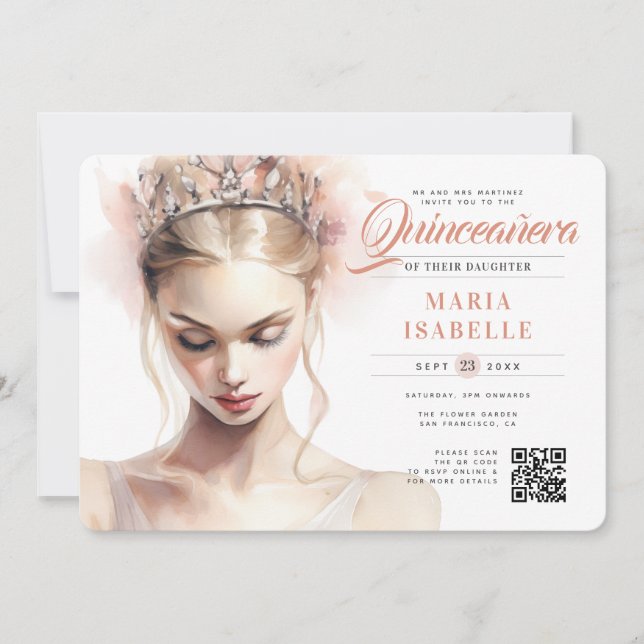 Invitación Elegante Princesa Rosa Código QR Quinceañera (Anverso)
