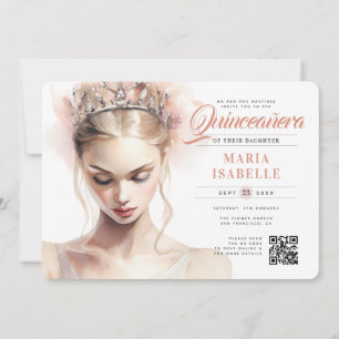 Invitación Elegante Princesa Rosa Código QR Quinceañera