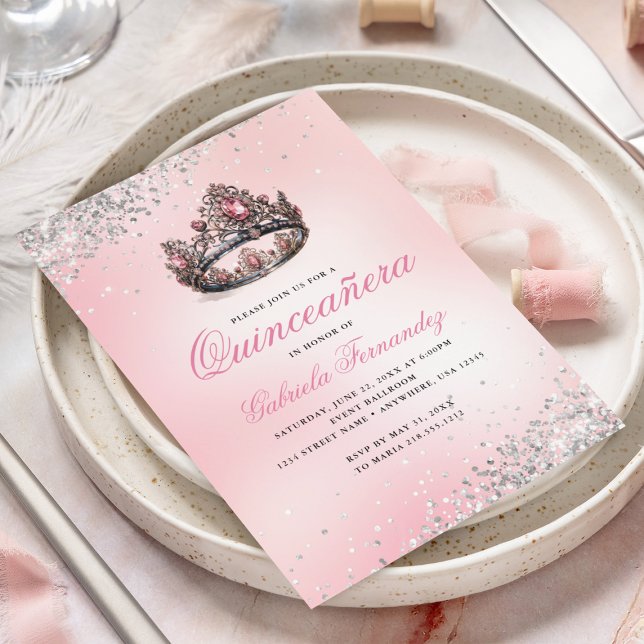 Invitación Elegante Princesa Rosa Corona Quinceanera (Subido por el creador)
