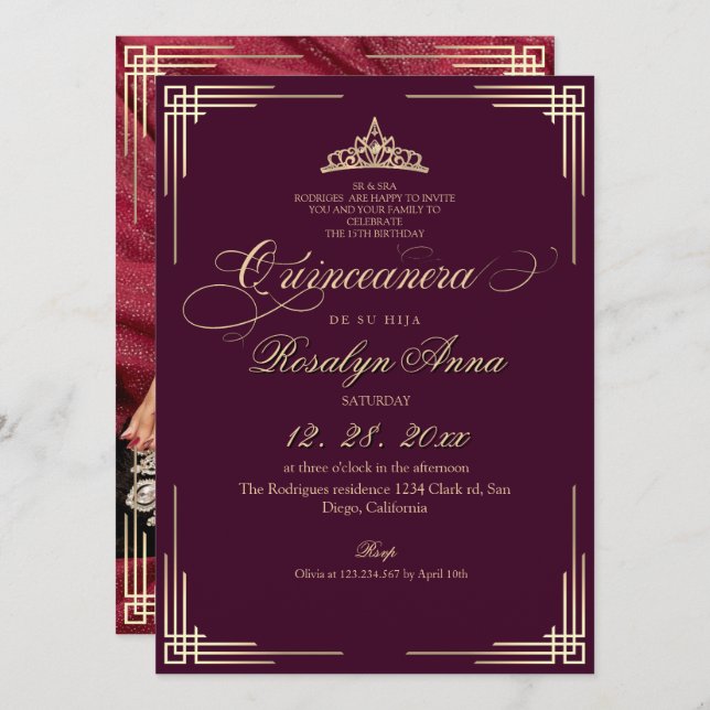 Invitación Elegante Princesa Rosa Quinceañera  (Anverso / Reverso)