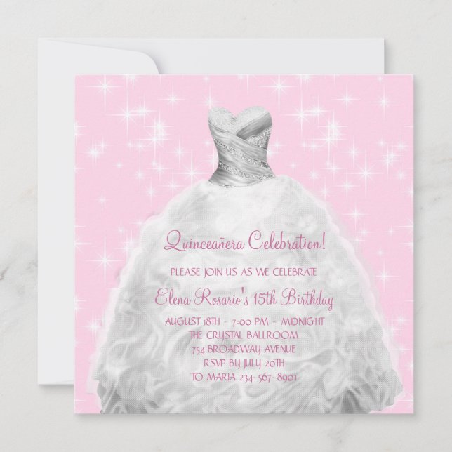 Invitación Elegante Princesa Rosa Quinceanera (Anverso)