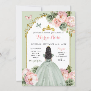 Invitación Elegante Princesa Sage Green Dusty Rosa Quinceañer