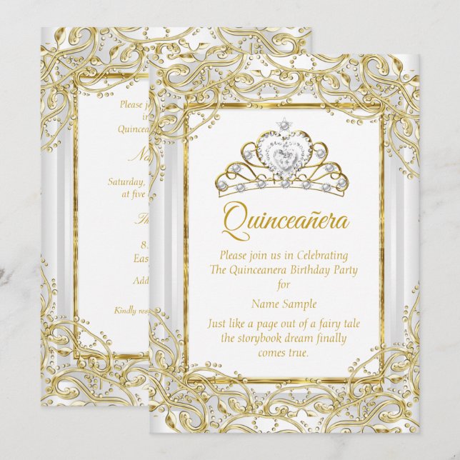 Invitación Elegante Princesa Tiara Blanca de Oro Quinceanera (Anverso / Reverso)