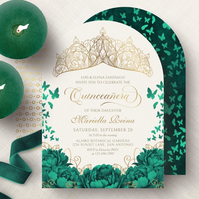 Invitación Elegante princesa verde esmeralda corona quinceane (Subido por el creador)