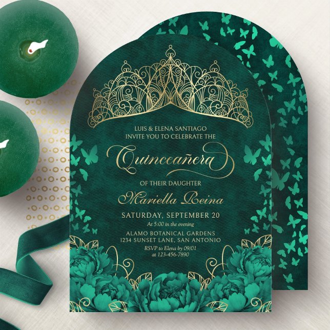 Invitación Elegante princesa verde esmeralda corona quinceane (Subido por el creador)