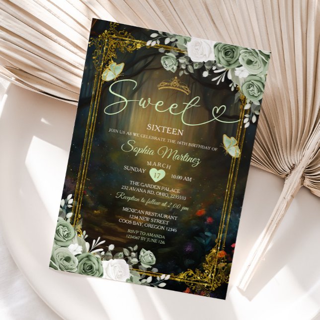 Invitación Elegante princesa verde sabio del bosque Quinceañe (Subido por el creador)