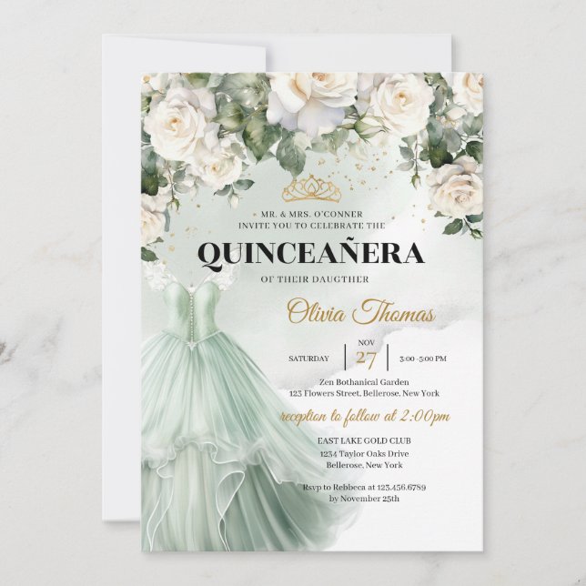 Invitación Elegante princesa verde vestida de verde rosa blan (Anverso)