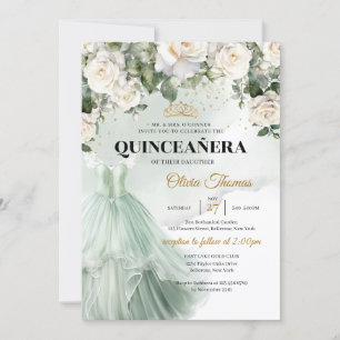 Invitación Elegante princesa verde vestida de verde rosa blan