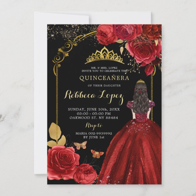 Invitación Elegante Princesa XV Años de Rosas Rojas Negras (Anverso)