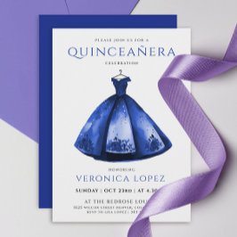 Invitación Elegante Princess Blue Dress Quinceañera Watercolo