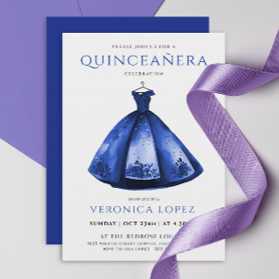 Invitación Elegante Princess Blue Dress Quinceañera Watercolo