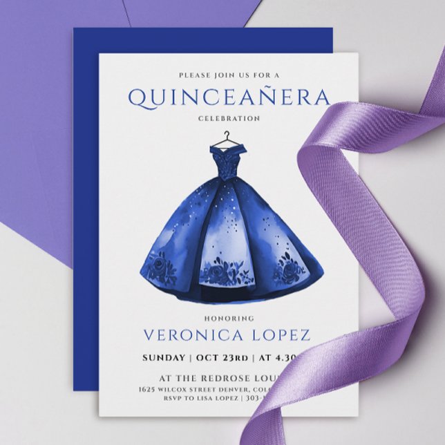 Invitación Elegante Princess Blue Dress Quinceañera Watercolo (Subido por el creador)
