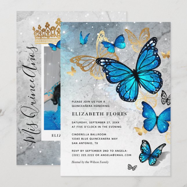 Invitación Elegante Princess Gold Blue Butterfly Quinceanera (Anverso / Reverso)