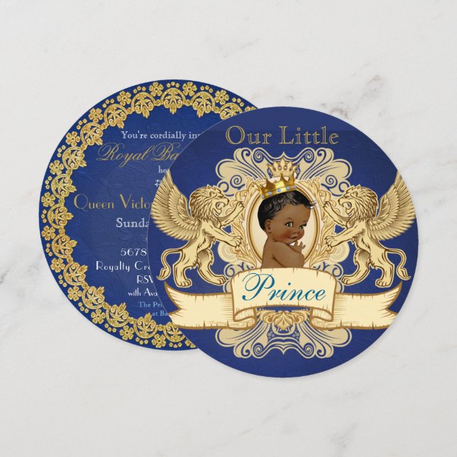 Invitación Elegante Príncipe Africano Real Azul y Oro (Anverso / Reverso)