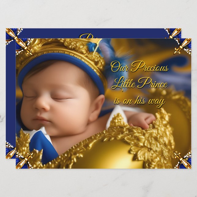 Invitación Elegante príncipe azul niño Baby Shower Gold (Anverso / Reverso)
