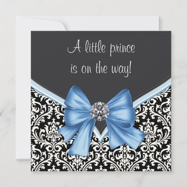 Invitación Elegante príncipe azul y negro Damasco Baby Shower (Anverso)