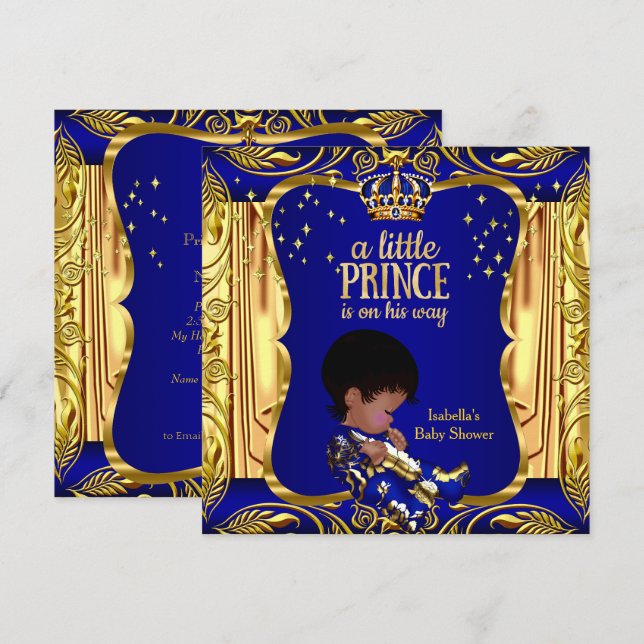 Invitación Elegante Príncipe Baby Shower Azul Oro Étnico (Anverso / Reverso)
