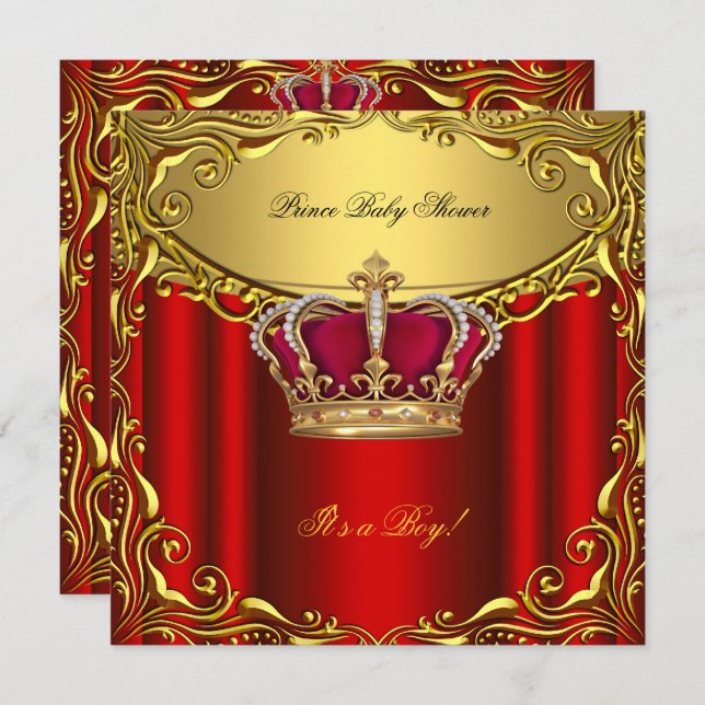 Invitación Elegante Príncipe Baby Shower Regal Red Gold Boy (Anverso / Reverso)