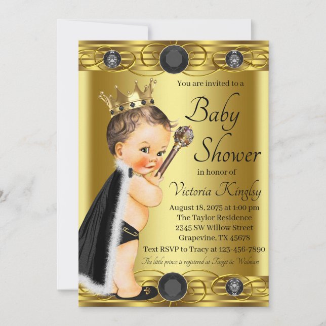 Invitación Elegante príncipe de oro negro Jewel Baby Shower (Anverso)