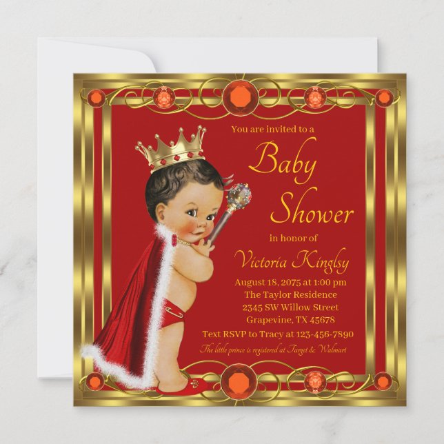 Invitación Elegante Príncipe de Oro Rojo Jewel Baby Shower (Anverso)