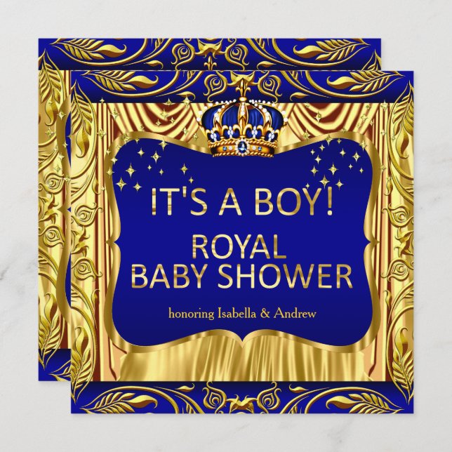 Invitación Elegante Príncipe Real Baby Shower Blue Gold Invit (Anverso / Reverso)