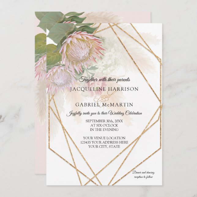 Invitación Elegante Protea Floral Pampas Grass Oro Geométrico (Anverso / Reverso)