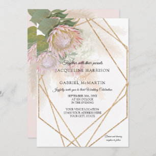 Invitación Elegante Protea Floral Pampas Grass Oro Geométrico