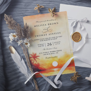 Invitación Elegante puesta de sol naranja en la playa boda tr
