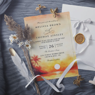 Invitación Elegante puesta de sol naranja en la playa boda tr