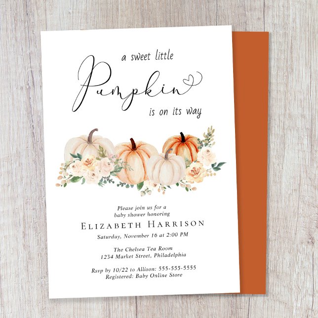 Invitación Elegante Pumpkin Floral Baby Shower (Celebrate the upcoming arrival of your sweet little autumn baby with a pumpkin-themed baby shower)