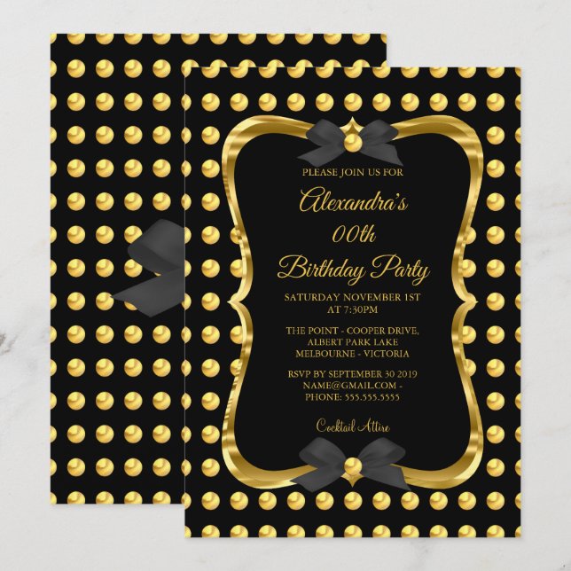Invitación Elegante punto negro dorado de la fiesta de cumple (Anverso / Reverso)