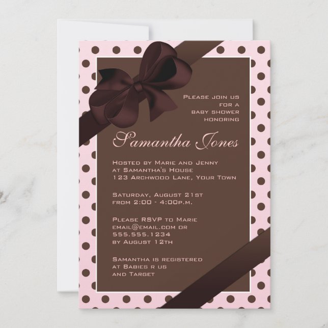 Invitación Elegante Punto Polka Rosa y Marrón Baby Shower (Anverso)