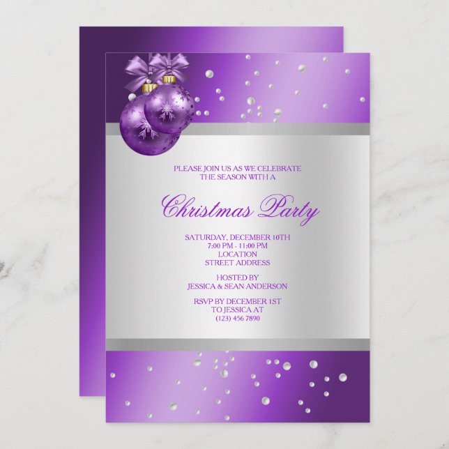 Invitación Elegante Purple Baubles & Pearls Navidades (Anverso / Reverso)