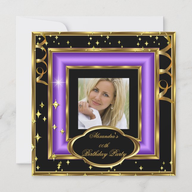 Invitación Elegante Purple Black Gold Photo Birday Party 2 (Anverso)