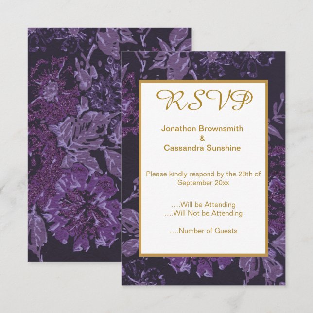 INVITACIÓN ELEGANTE PURPLE BLACK VINTAGE FLORAL RSVP (Anverso / Reverso)